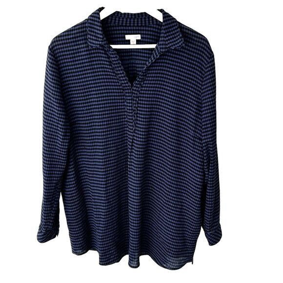 J. Jill Tops - J.Jill Top Size XL Popover V-Neck Plaid Check Blouse Black Purple/Blue Women's